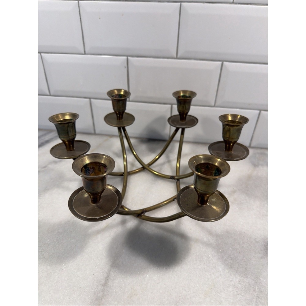 Brass Mid Century Modern 6 Candle Holder Candelabra Centerpiece  002